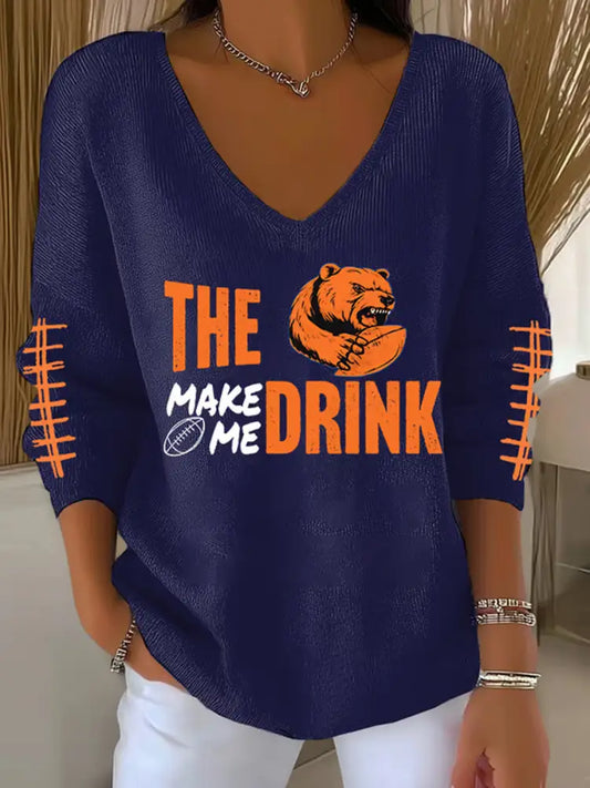 Women’s Football Fans Lovers Gameday Casual V Neck Ribbed Top Navy Blue / S