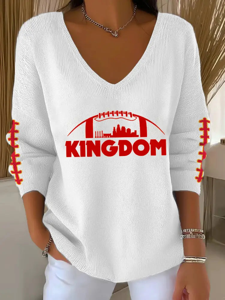 Women’s Football Fans Lovers Gameday Casual V Neck Ribbed Top White / S