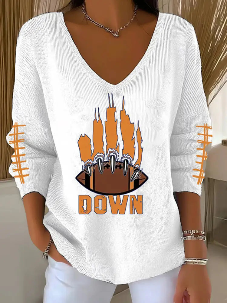 Women’s Football Fans Lovers Gameday Casual V Neck Ribbed Top White / S