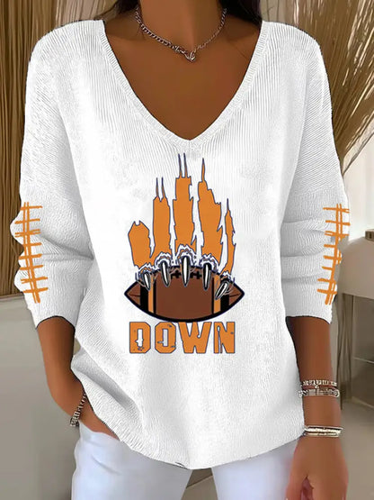 Women’s Football Fans Lovers Gameday Casual V Neck Ribbed Top White / S