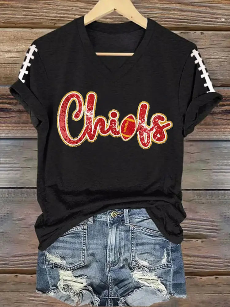Women’s Football Fans Lovers Gameday Casual V Neck Tee Black / S