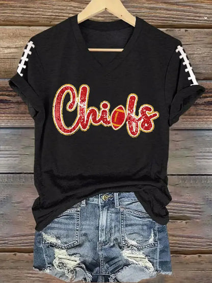 Women’s Football Fans Lovers Gameday Casual V Neck Tee Black / S
