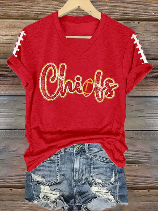 Women’s Football Fans Lovers Gameday Casual V Neck Tee Red / S
