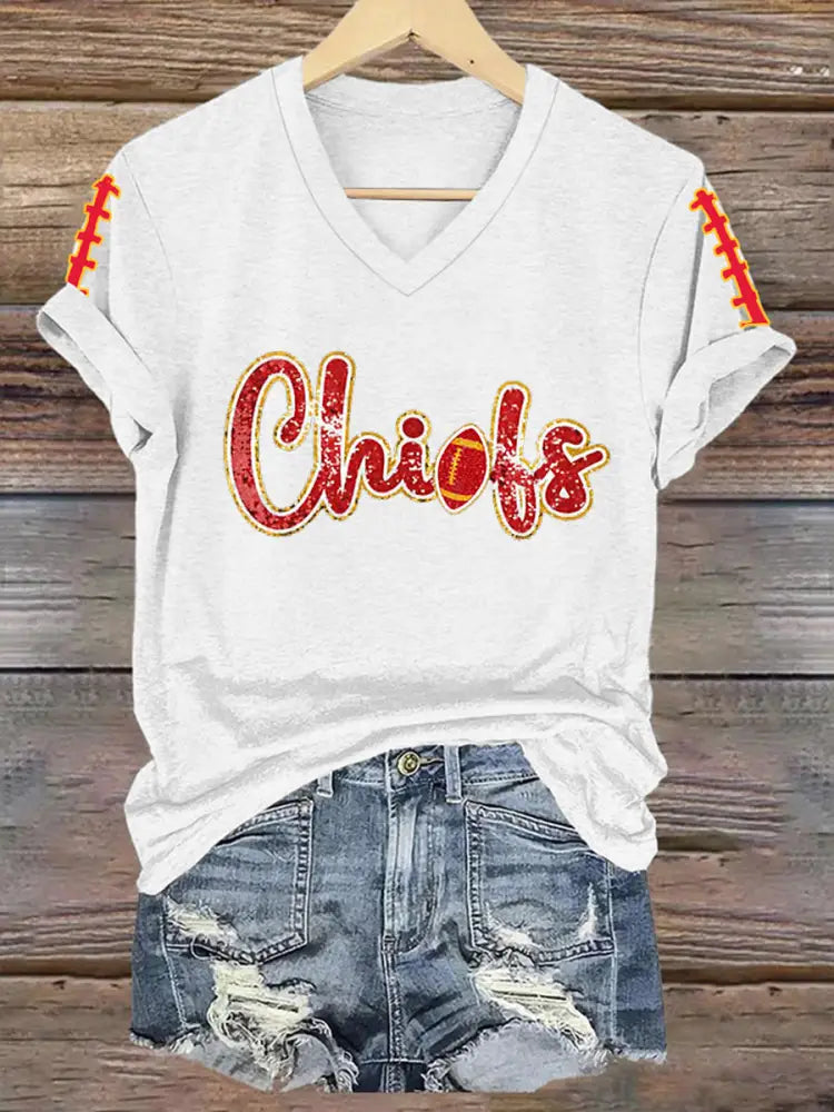 Women’s Football Fans Lovers Gameday Casual V Neck Tee White / S