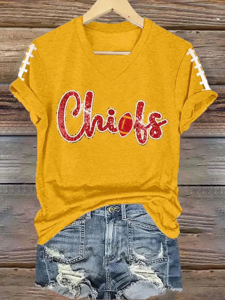 Women’s Football Fans Lovers Gameday Casual V Neck Tee Yellow / S