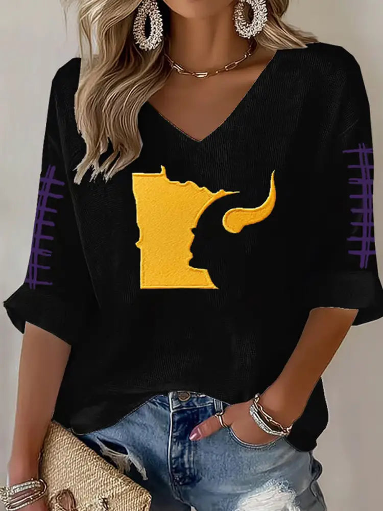 Women’s Football Fans Lovers Gameday Casual V Neck Top Black / S