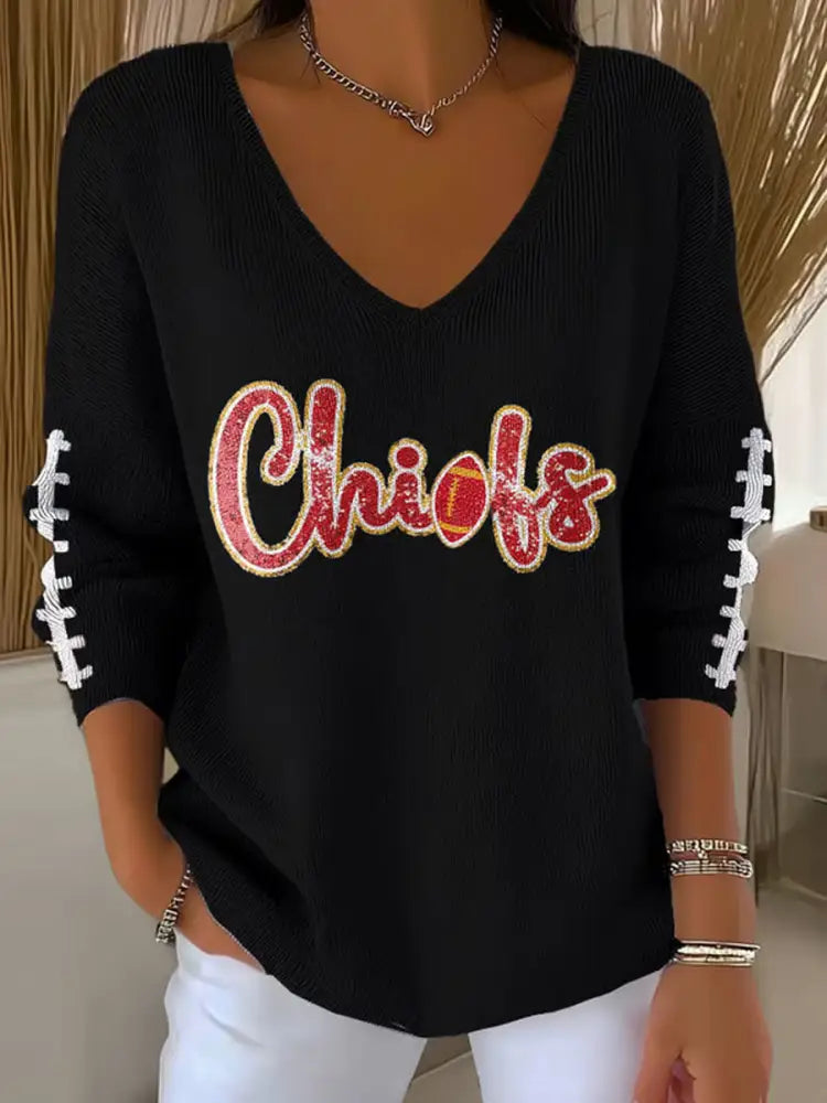 Women’s Football Fans Lovers Gameday Casual V Neck Top Black / S
