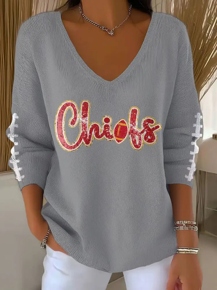 Women’s Football Fans Lovers Gameday Casual V Neck Top Gray / S