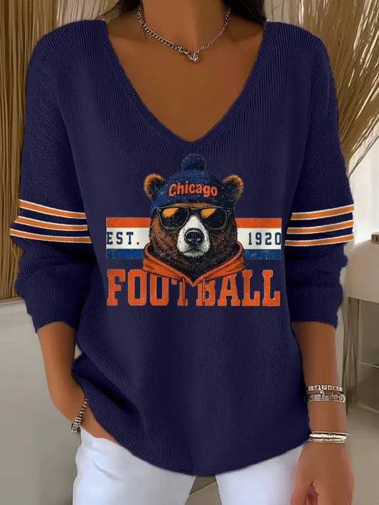 Women’s Football Fans Lovers Gameday Casual V Neck Top Navy Blue / S