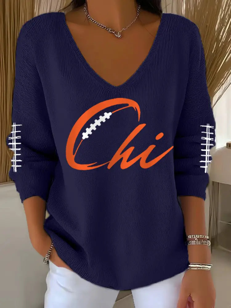 Women’s Football Fans Lovers Gameday Casual V Neck Top Navy Blue / S