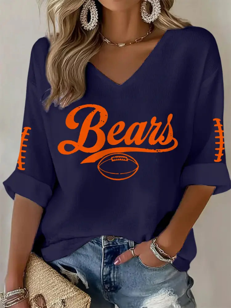 Women’s Football Fans Lovers Gameday Casual V Neck Top Navy Blue / S