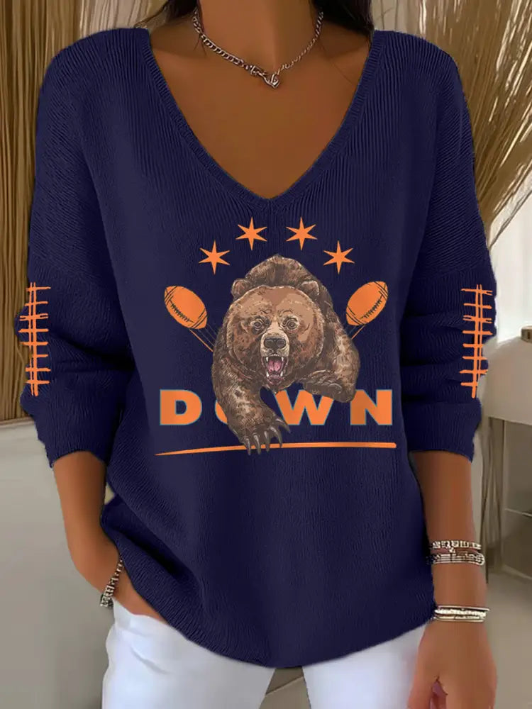Women’s Football Fans Lovers Gameday Casual V Neck Top Navy Blue / S