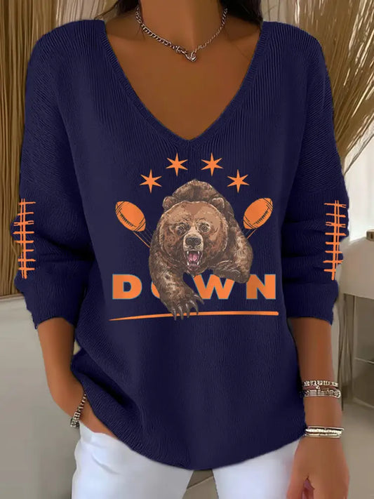Women’s Football Fans Lovers Gameday Casual V Neck Top Navy Blue / S