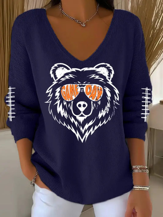 Women’s Football Fans Lovers Gameday Casual V Neck Top Navy Blue / S
