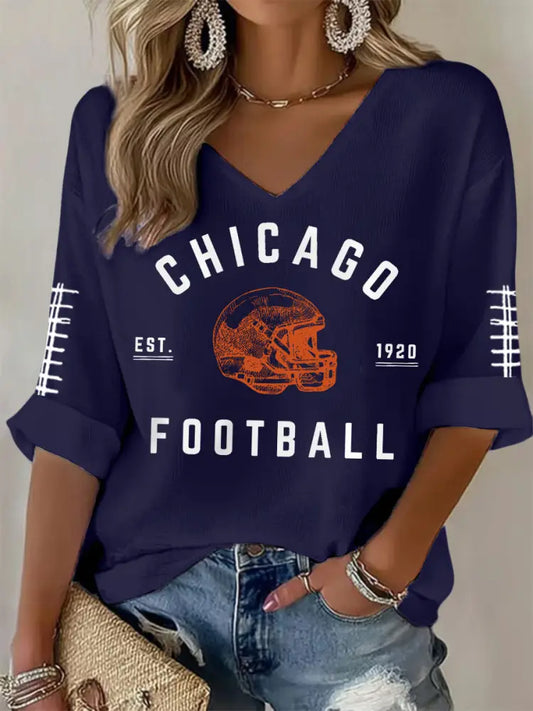 Women’s Football Fans Lovers Gameday Casual V Neck Top Navy Blue / S