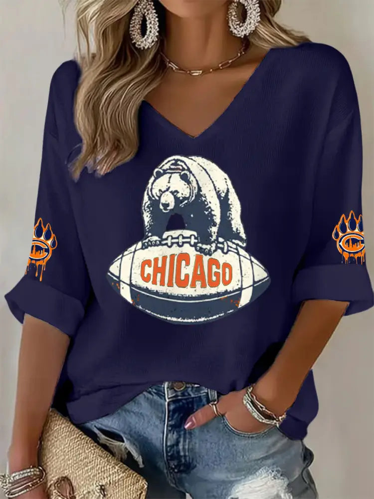 Women’s Football Fans Lovers Gameday Casual V Neck Top Navy Blue / S