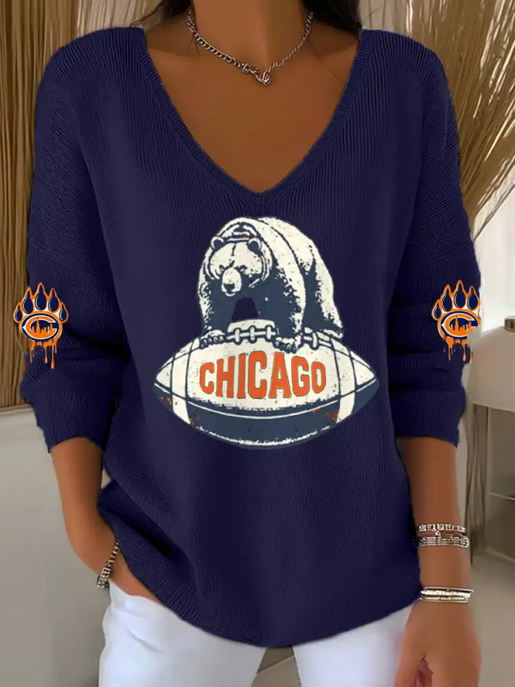 Women’s Football Fans Lovers Gameday Casual V Neck Top Navy Blue / S