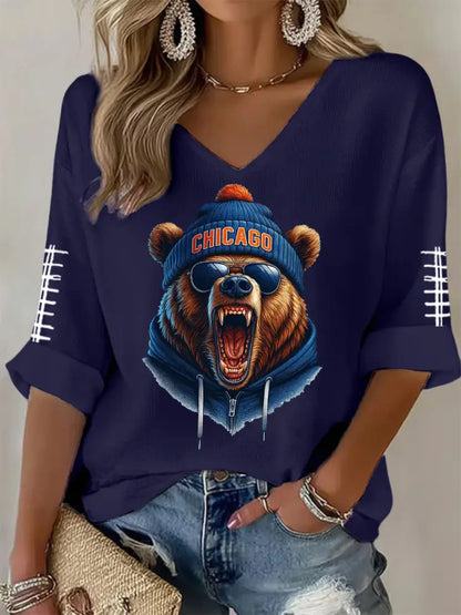 Women’s Football Fans Lovers Gameday Casual V Neck Top Navy Blue / S