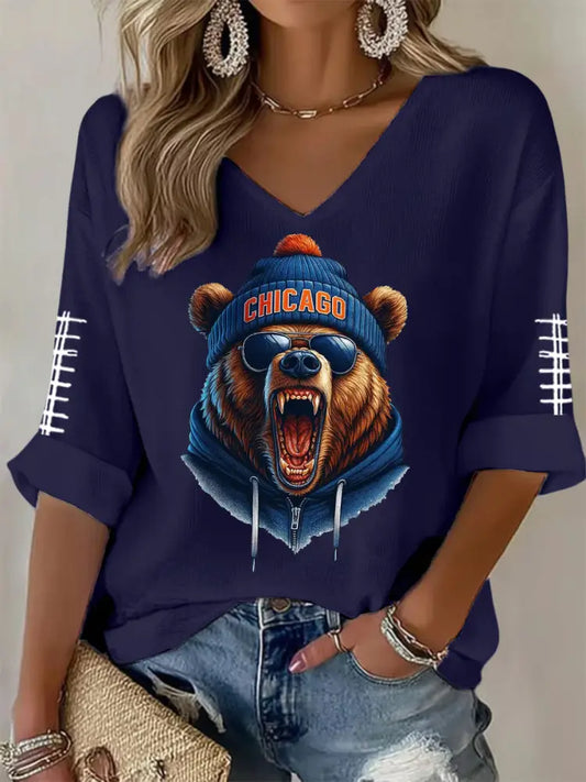 Women’s Football Fans Lovers Gameday Casual V Neck Top Navy Blue / S