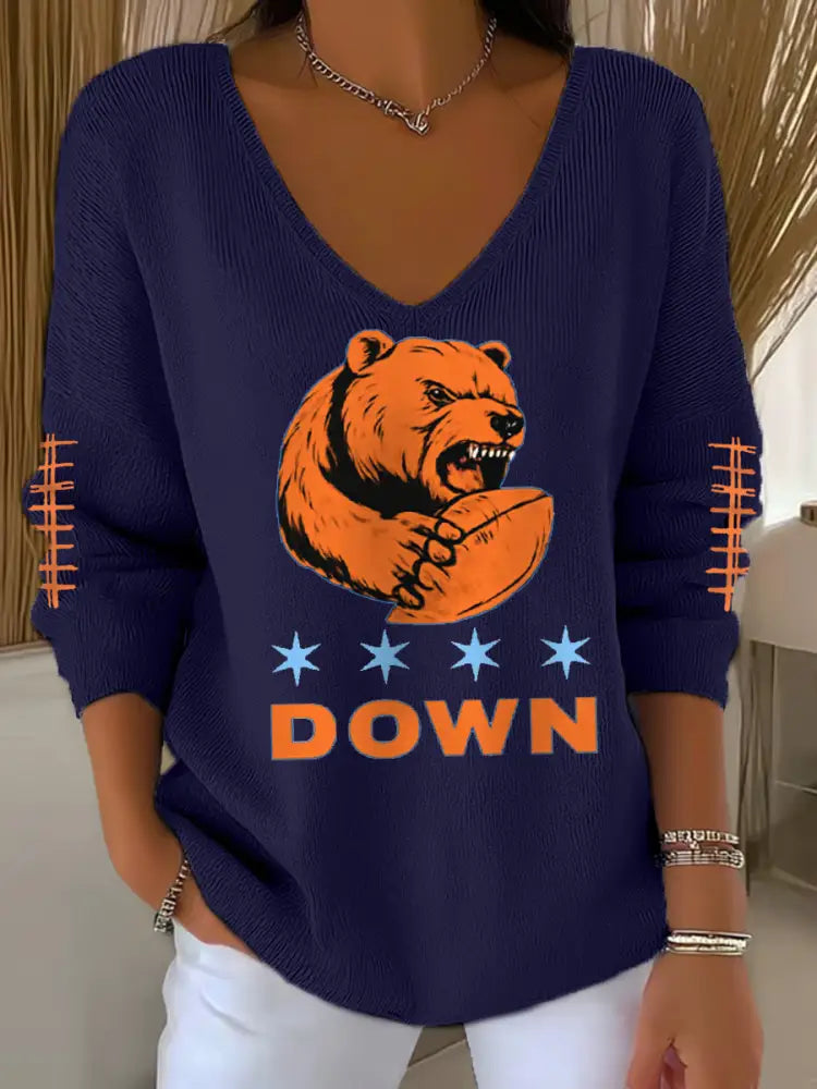 Women’s Football Fans Lovers Gameday Casual V Neck Top Navy Blue / S
