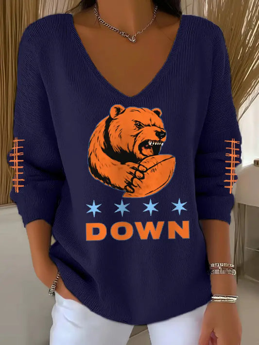 Women’s Football Fans Lovers Gameday Casual V Neck Top Navy Blue / S