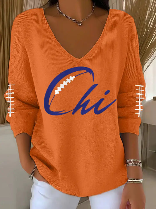 Women’s Football Fans Lovers Gameday Casual V Neck Top Orange / S