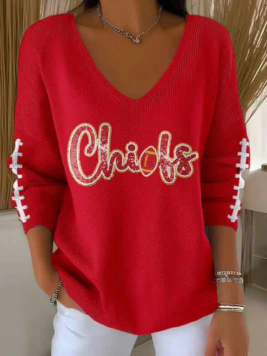 Women’s Football Fans Lovers Gameday Casual V Neck Top Red / S
