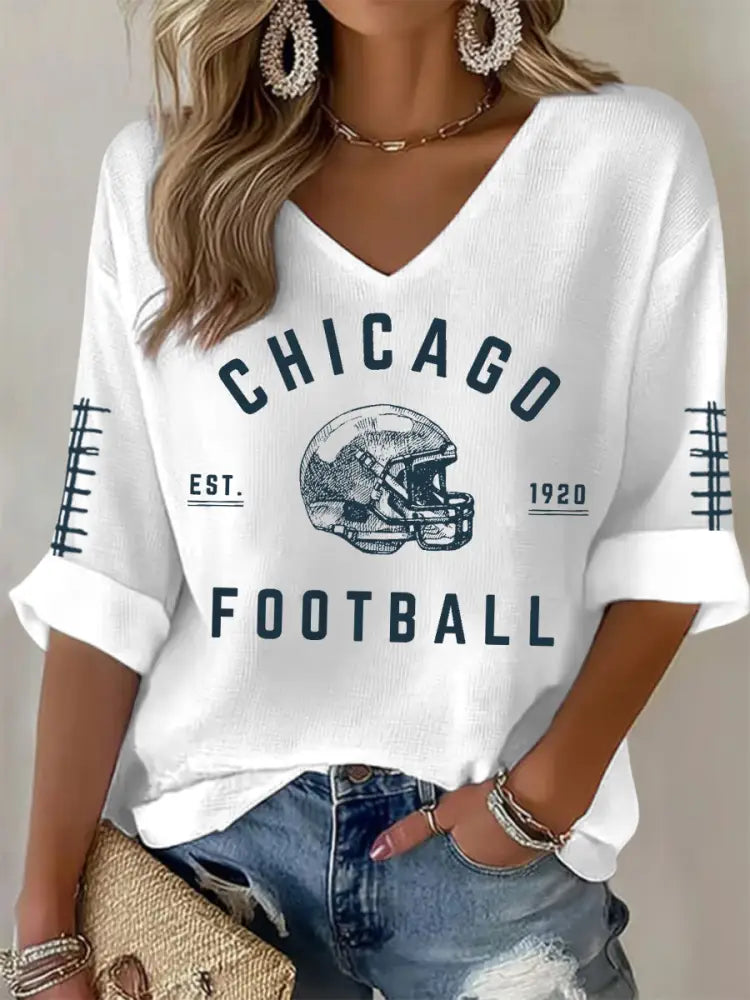 Women’s Football Fans Lovers Gameday Casual V Neck Top White / S