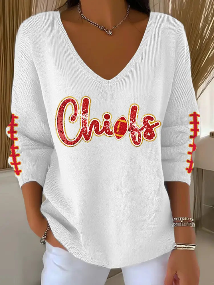 Women’s Football Fans Lovers Gameday Casual V Neck Top White / S