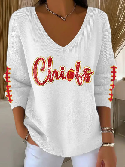 Women’s Football Fans Lovers Gameday Casual V Neck Top White / S