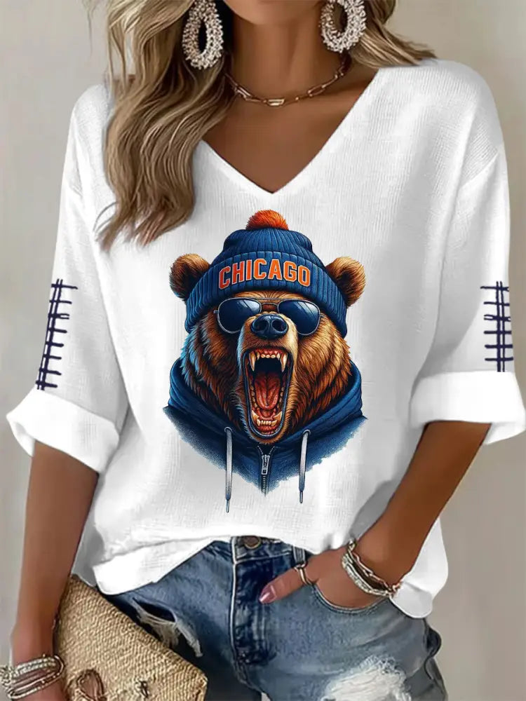 Women’s Football Fans Lovers Gameday Casual V Neck Top White / S