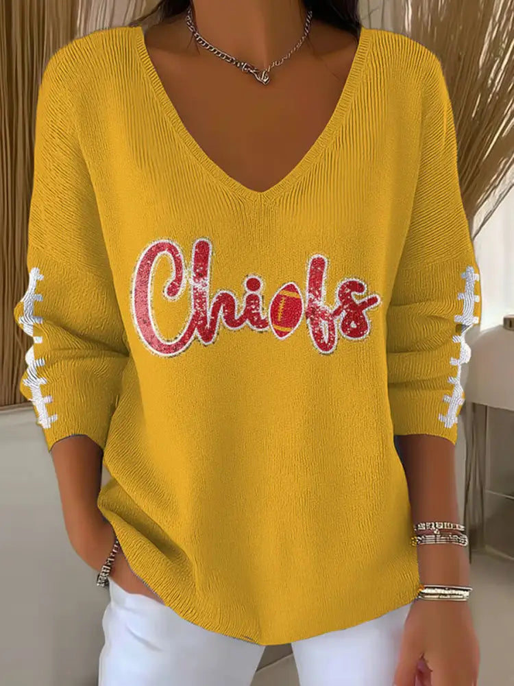 Women’s Football Fans Lovers Gameday Casual V Neck Top Yellow / S