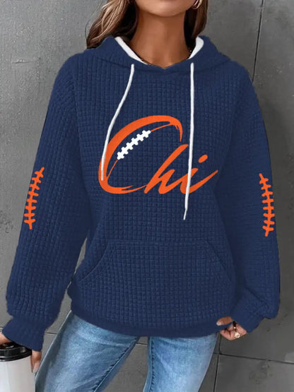 Women’s Football Fans Lovers Gameday Casual Waffle Hoodie Navy Blue / S