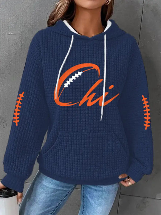 Women’s Football Fans Lovers Gameday Casual Waffle Hoodie Navy Blue / S