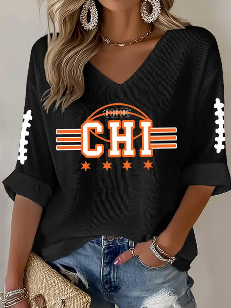 Women’s Football Fans Lovers Gameday Casual Waffle T shirt Black / S