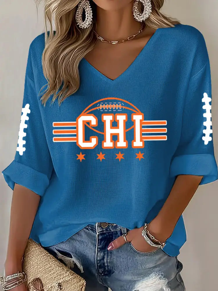 Women’s Football Fans Lovers Gameday Casual Waffle T shirt Blue / S