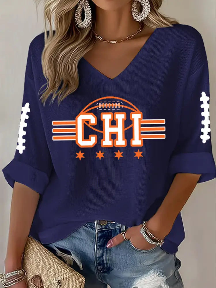 Women’s Football Fans Lovers Gameday Casual Waffle T shirt Navy Blue / S