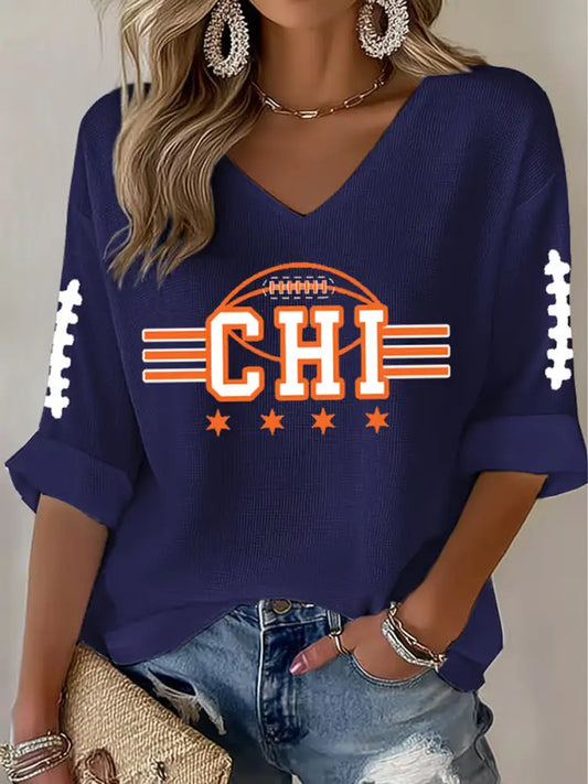 Women’s Football Fans Lovers Gameday Casual Waffle T shirt Navy Blue / S