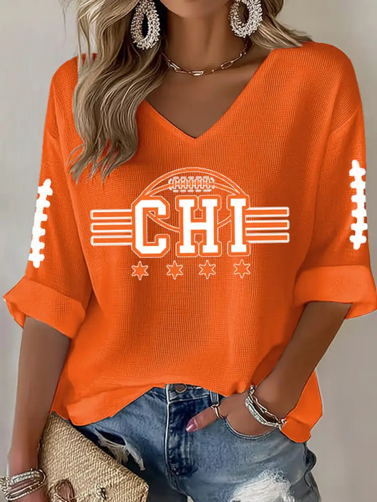Women’s Football Fans Lovers Gameday Casual Waffle T shirt Orange / S