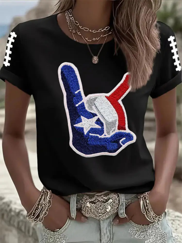 Women’s Football Print Crew Neck T Shirt Black / S
