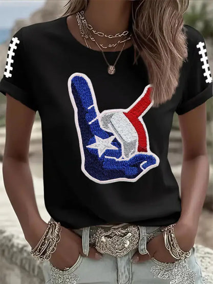 Women’s Football Print Crew Neck T Shirt Black / S