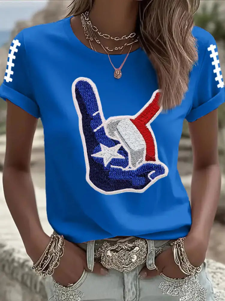 Women’s Football Print Crew Neck T Shirt Blue / S