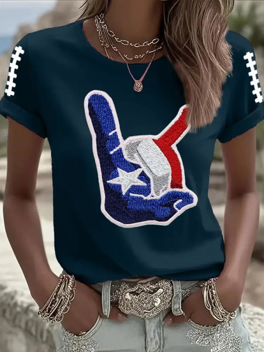 Women’s Football Print Crew Neck T Shirt Navy Blue / S