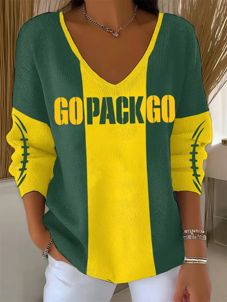 Women’s Football V Neck Ribbed Print Top As picture / S