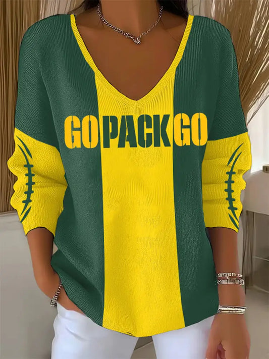 Women’s Football V Neck Ribbed Print Top As picture / S