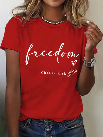 Women’s Freedom Charlie Kirk USA Flag Print Tee