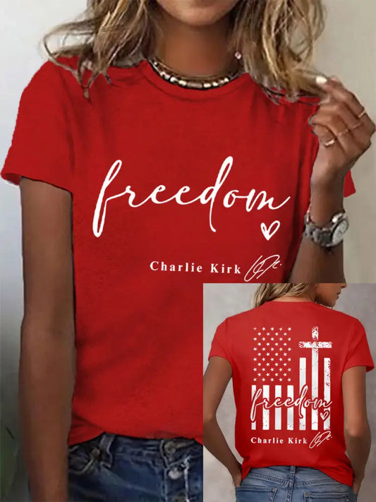 Women’s Freedom Charlie Kirk USA Flag Print Tee Red / S