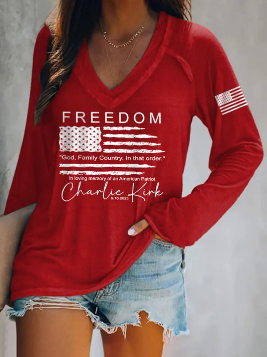 Women’s Freedom Charlie Kirk V-Neck Long-Sleeve T-Shirt Red / S