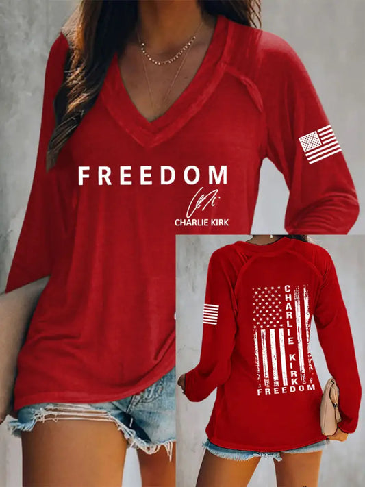 Women’s Freedom Is Not Free R.I.P Charlie Kirk Long Sleeve V-Neck T-Shirt Red / S