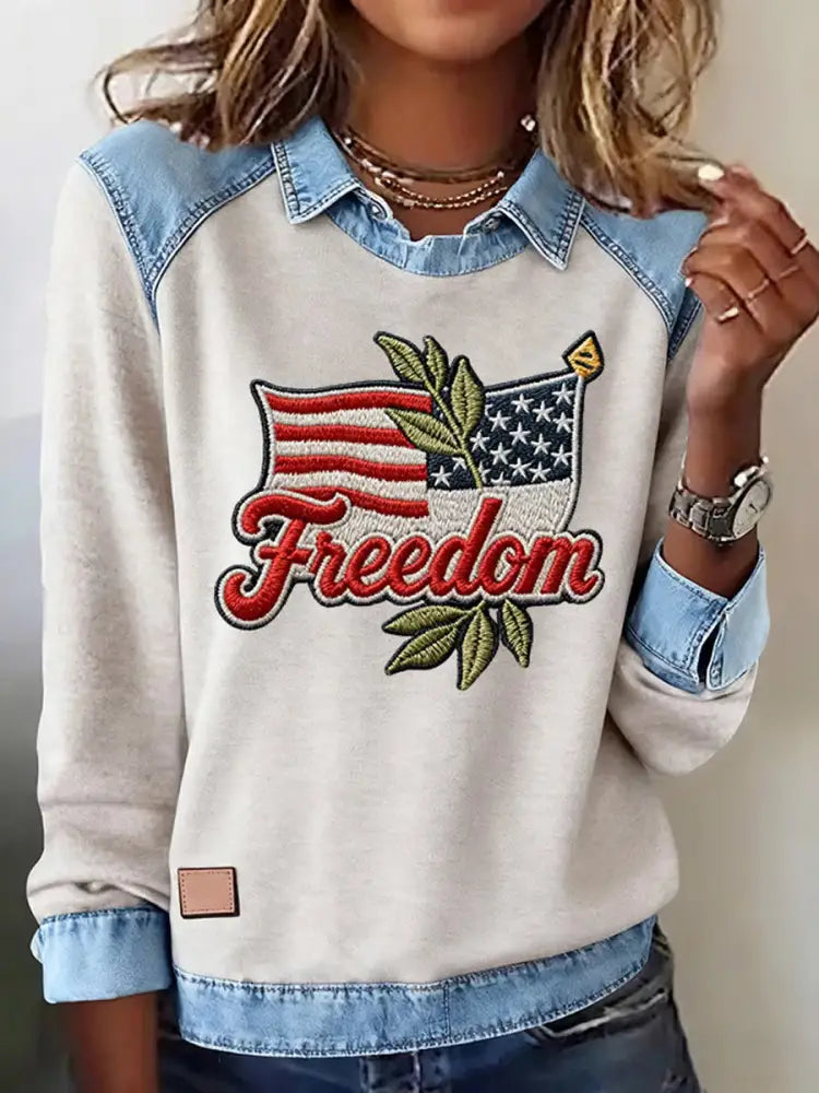Women’s ’Freedom Isn’t Free’ American flag print casual long-sleeved top A / S
